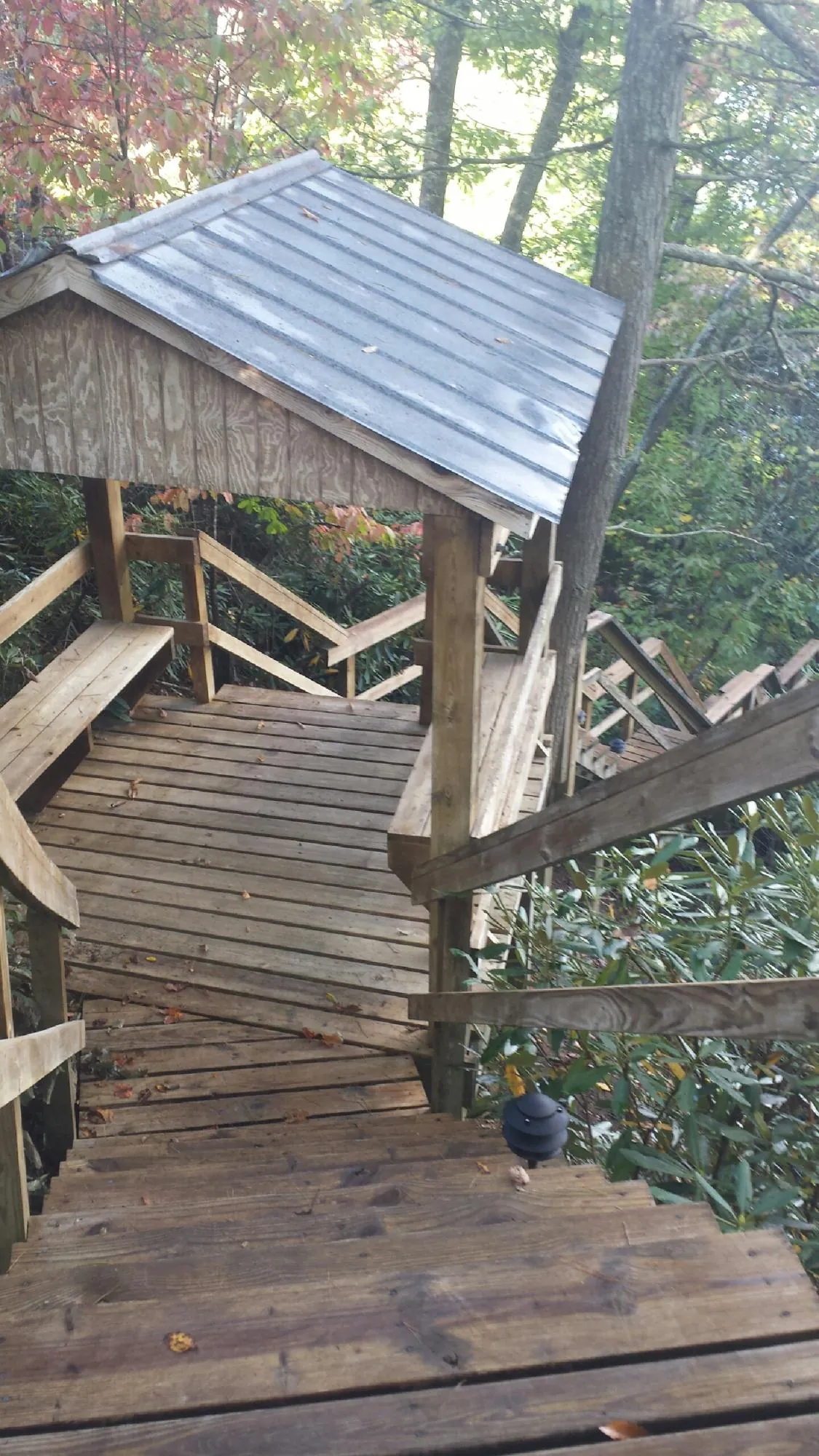 Metal roofed shelter over wooden steps on a wooded walkway — Skylight Repair & Installation work by our crew in Irvine